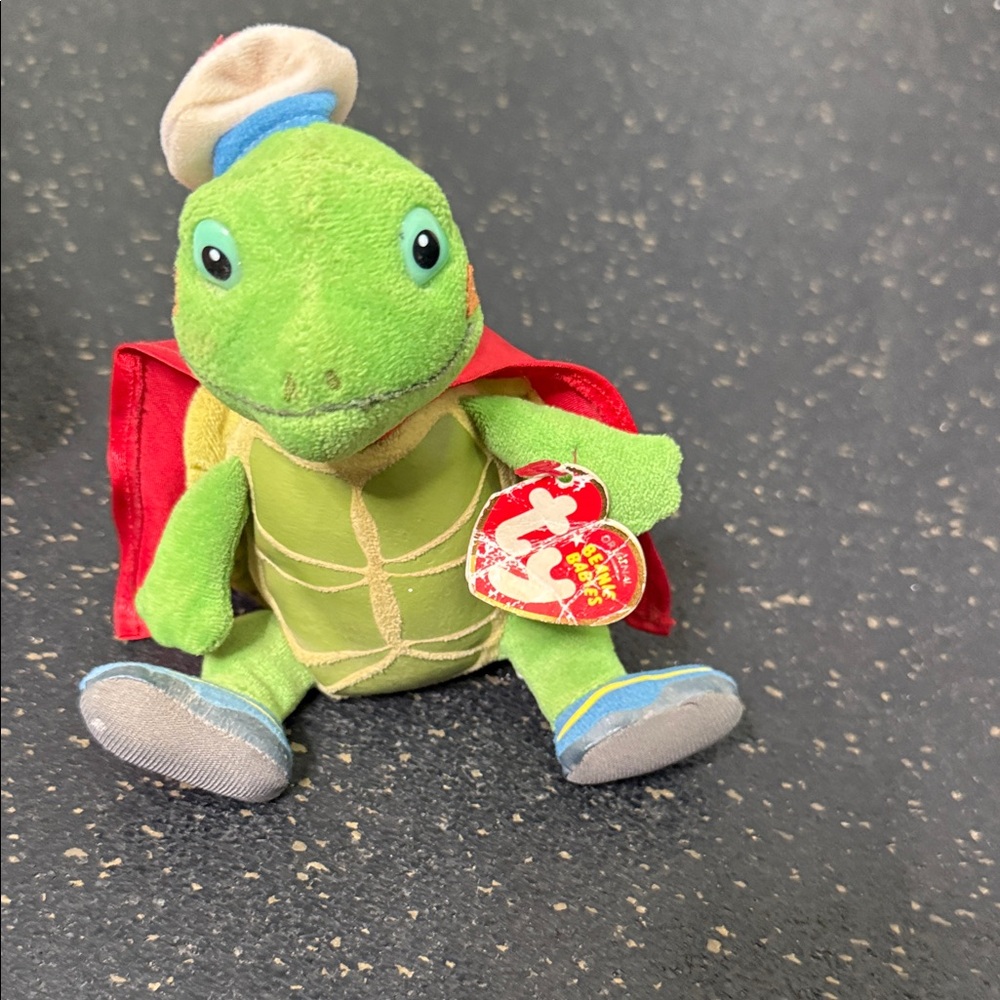 TY Green Turtle Plush with Red Wonder Woman Cape and Blue Hat